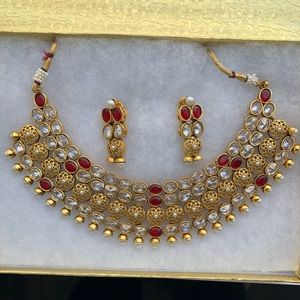 Gold Red Stone Necklace and Earrings Set